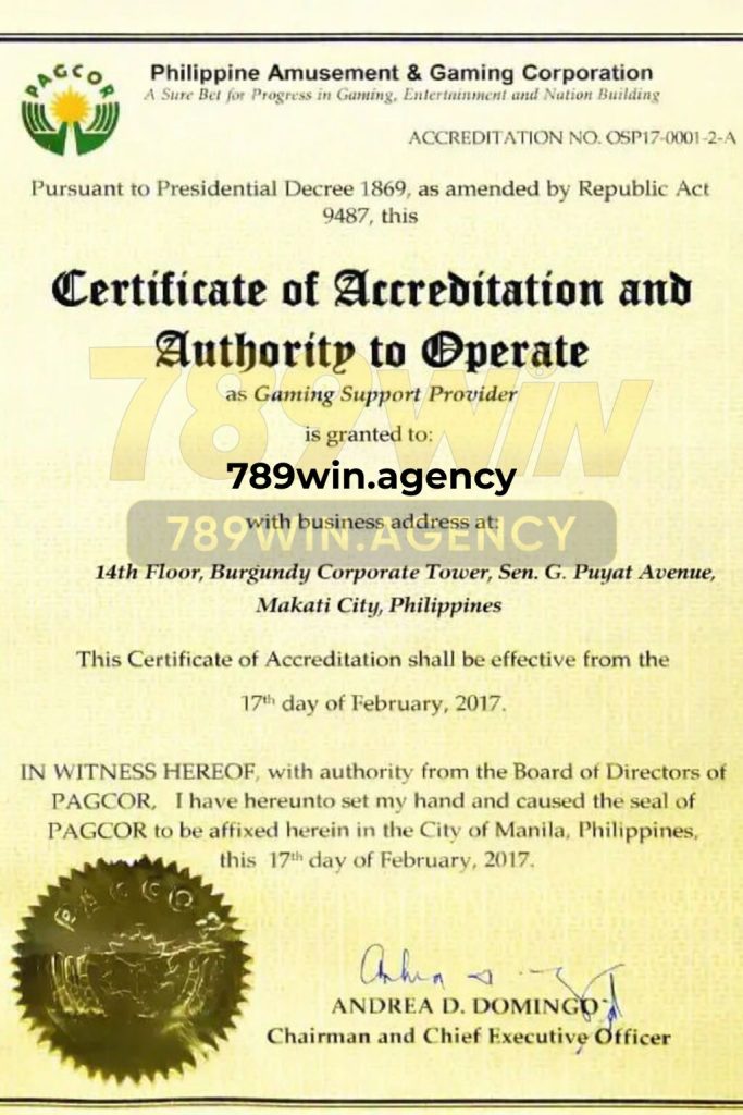 Giấy chứng nhận pagcor của nhà cái 789win